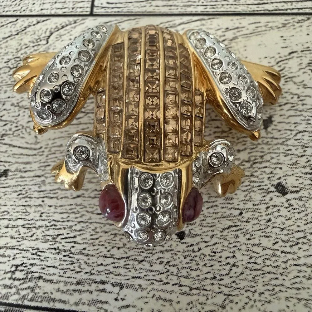 Vintage Two-Tone Frog Pin Brooch Pavé Rhinestone Red Cabochon Eyes Figural